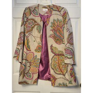 3 Sisters Lined Large Paisley Print Round Collar Open Linen Tunic Coat Size M